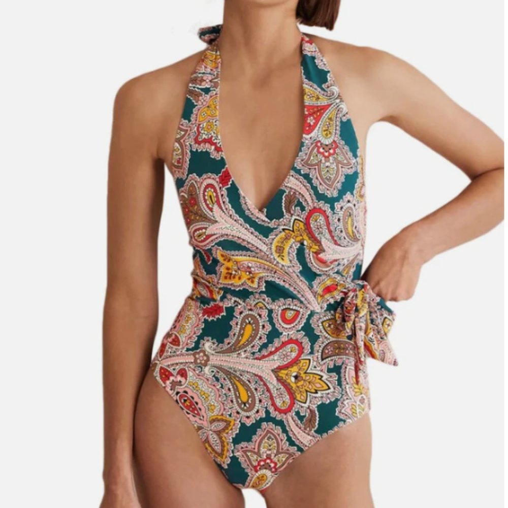 Boden Teal Paisley Halter One-Piece Swimsuit with Tie